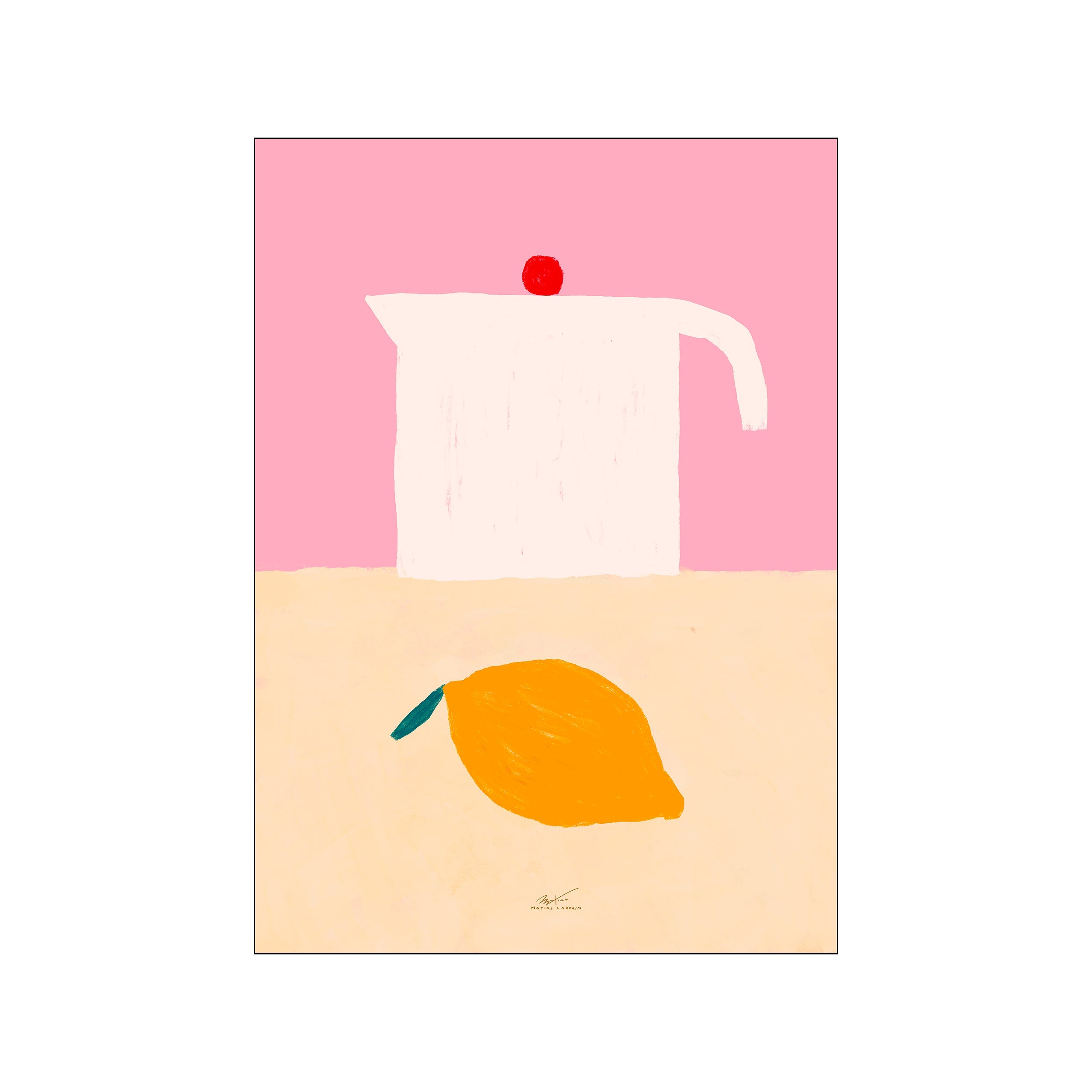 A minimalist composition featuring a white pitcher with a red accent on a pink background, and a bright yellow lemon with a teal stem on a cream background.