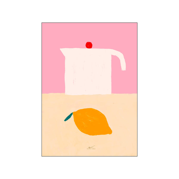 A minimalist composition featuring a white pitcher with a red accent on a pink background, and a bright yellow lemon with a teal stem on a cream background.