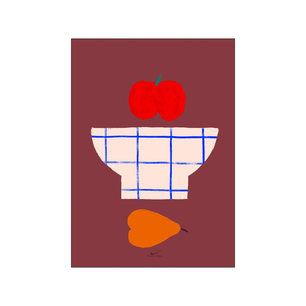 A whimsical still life artwork featuring a bright red apple atop a checkered bowl, with an orange pear below, set against a deep burgundy background. The composition has a playful, modern feel.
