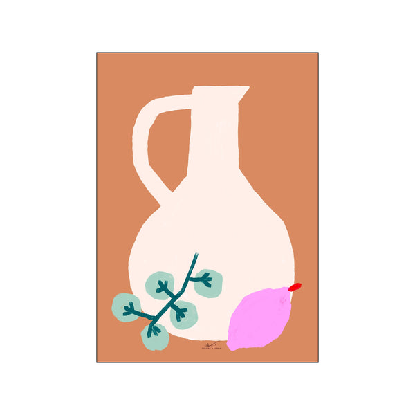 A minimalist illustration featuring a creamy white pitcher against a terracotta background, adorned with abstract teal leaves and a fuchsia fruit, conveying a sense of serene, bohemian artistry.