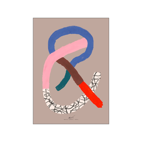 An abstract composition featuring intertwined, brushstroke-like shapes in blue, pink, brown, and red against a muted taupe background. A section includes delicate black linework.