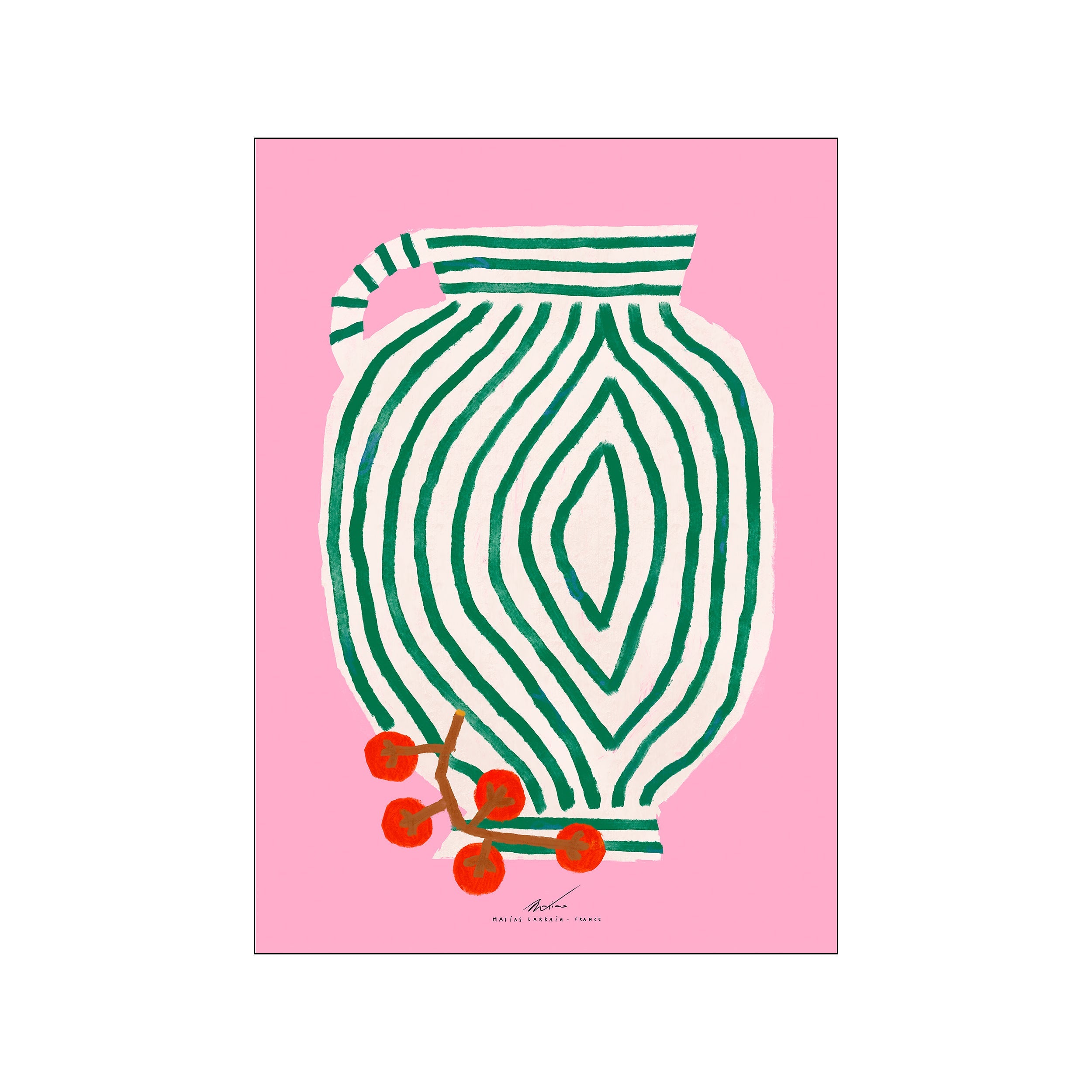 A whimsical illustration of a striped green and white vase paired with a sprig of bright red currants, set against a vibrant pink background.