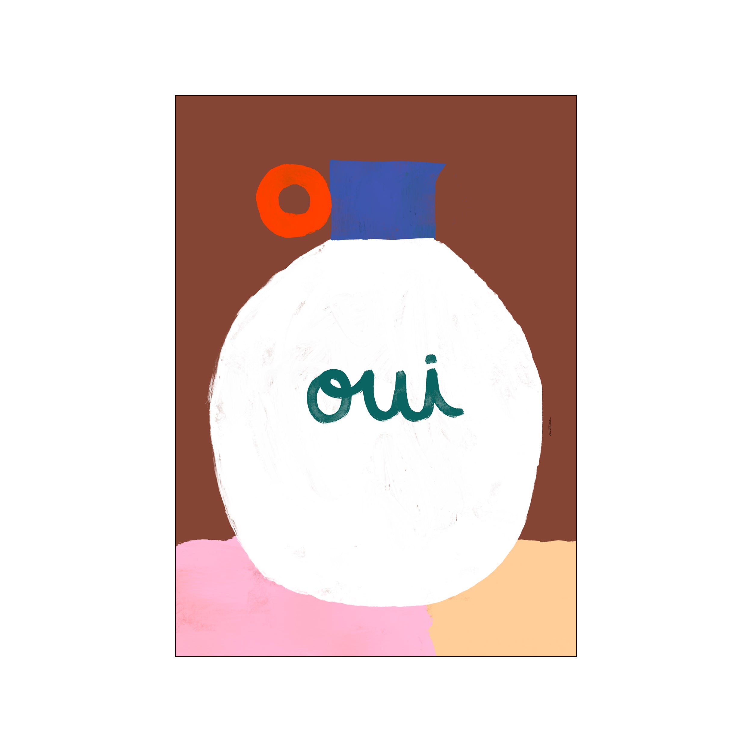 An abstract artwork featuring a stylized white vase with the word 'oui' in teal script. The vase is accented with blue and orange shapes and sits on a base of pink and peach colors against.
