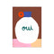 An abstract artwork featuring a stylized white vase with the word 'oui' in teal script. The vase is accented with blue and orange shapes and sits on a base of pink and peach colors against.