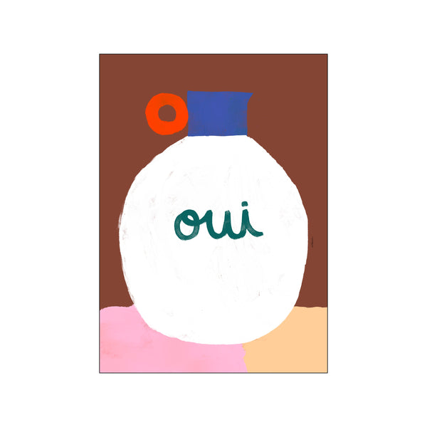 An abstract artwork featuring a stylized white vase with the word 'oui' in teal script. The vase is accented with blue and orange shapes and sits on a base of pink and peach colors against.