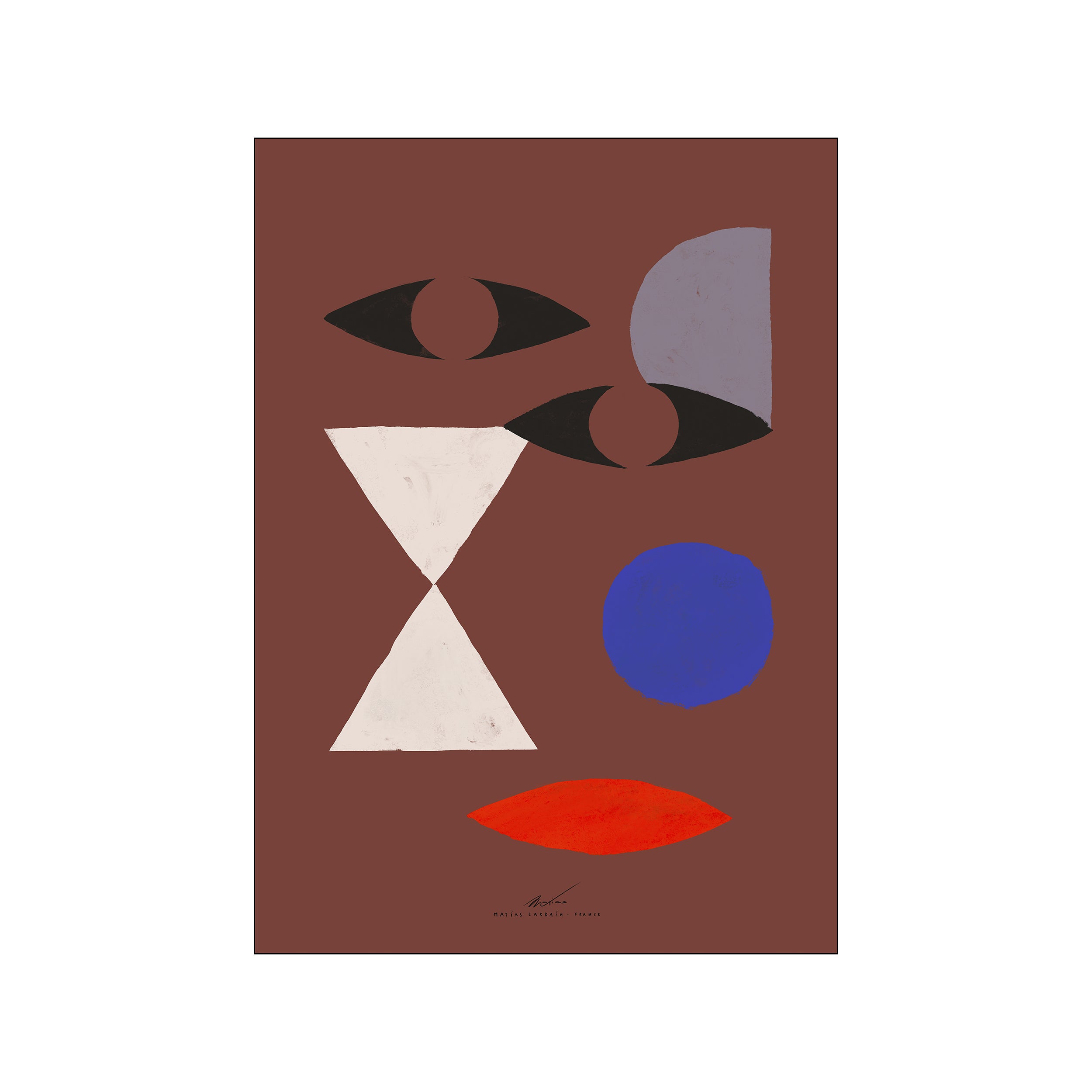 An abstract portrait composition with bold geometric shapes representing eyes, mouth, and facial planes. The artwork features a warm brown background, accented by off-white, lavender, cobalt blue, and crimson shapes, conveying a contemplative and artistic.