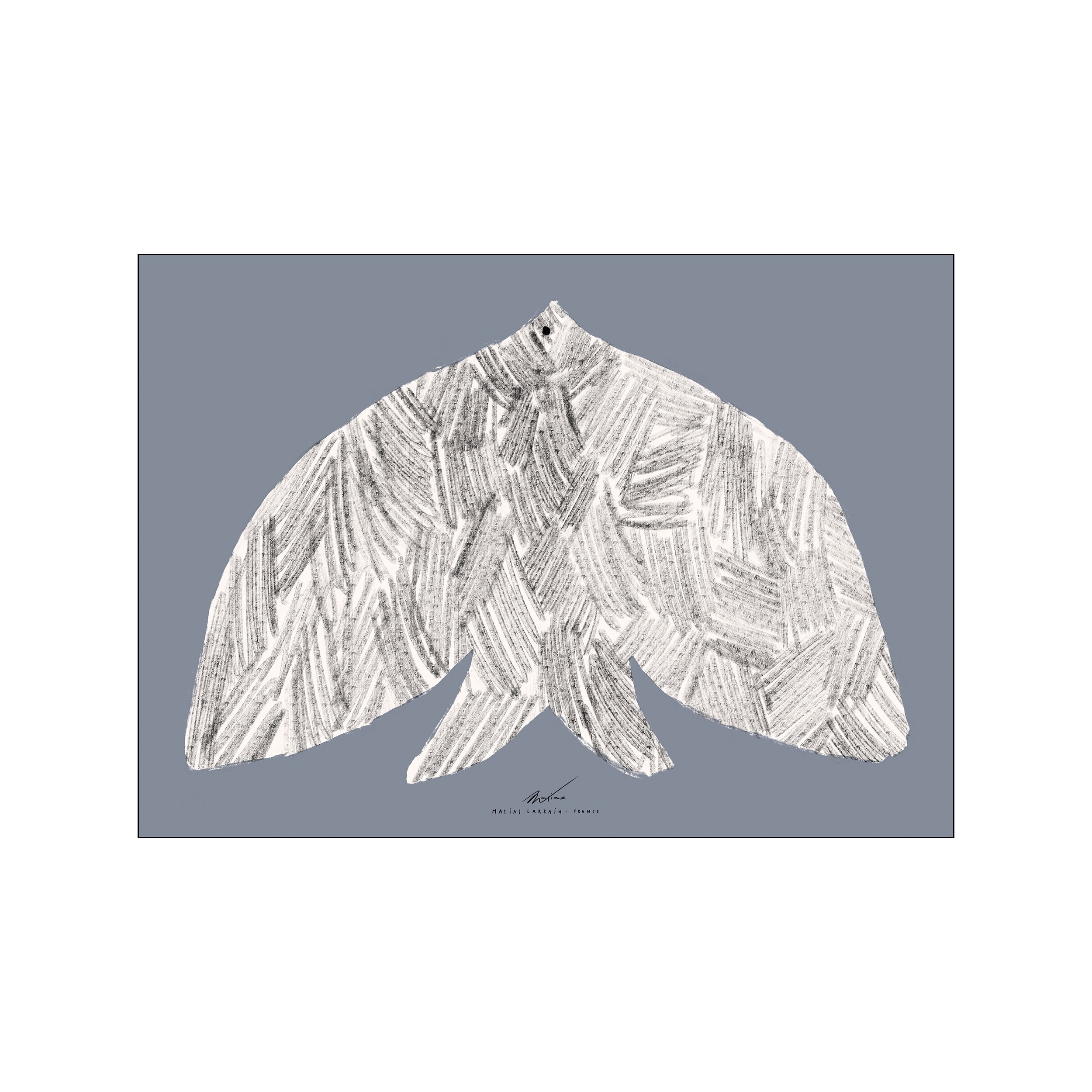 A stylized bird rendered with textured charcoal lines against a muted blue background, creating a serene and artistic focal point for interior decor.