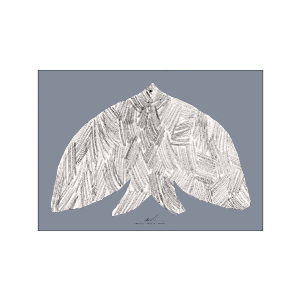 A stylized bird rendered with textured charcoal lines against a muted blue background, creating a serene and artistic focal point for interior decor.