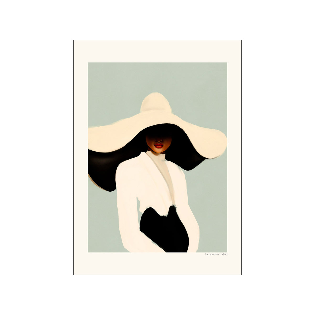 Stylized fashion portrait of a woman in a wide-brim hat with soft blue background