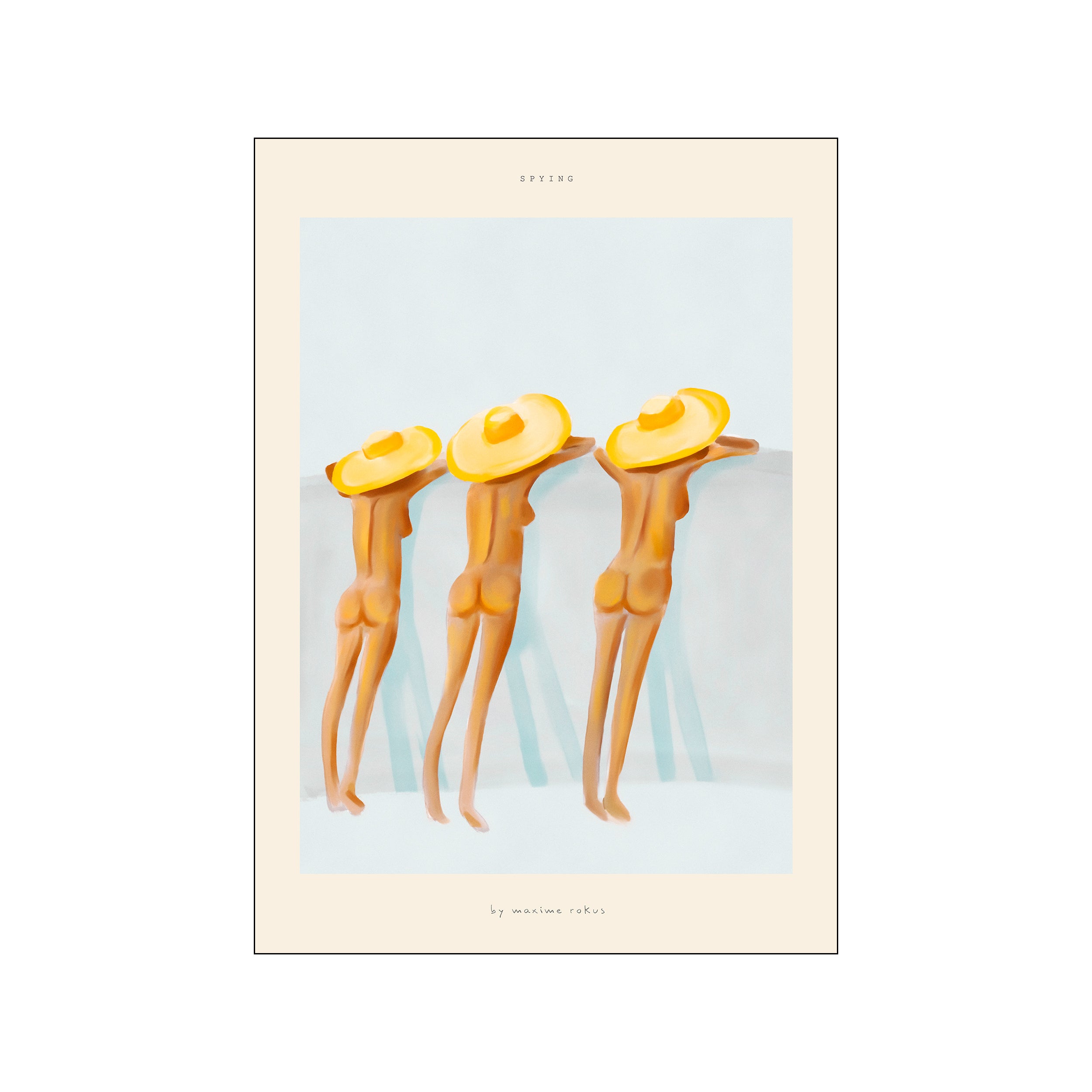 Three elongated figures in yellow hats against a pale blue background with a cream border