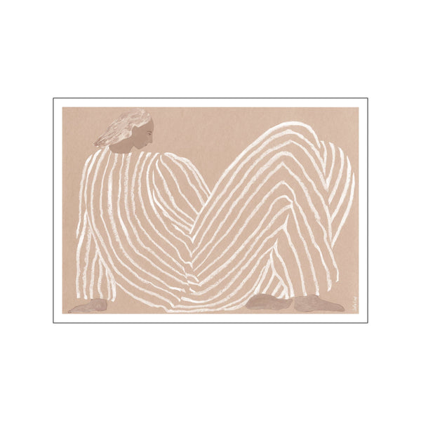 art print by Sofia Lind showing a seated figure in flowing white stripes against a soft beige background
