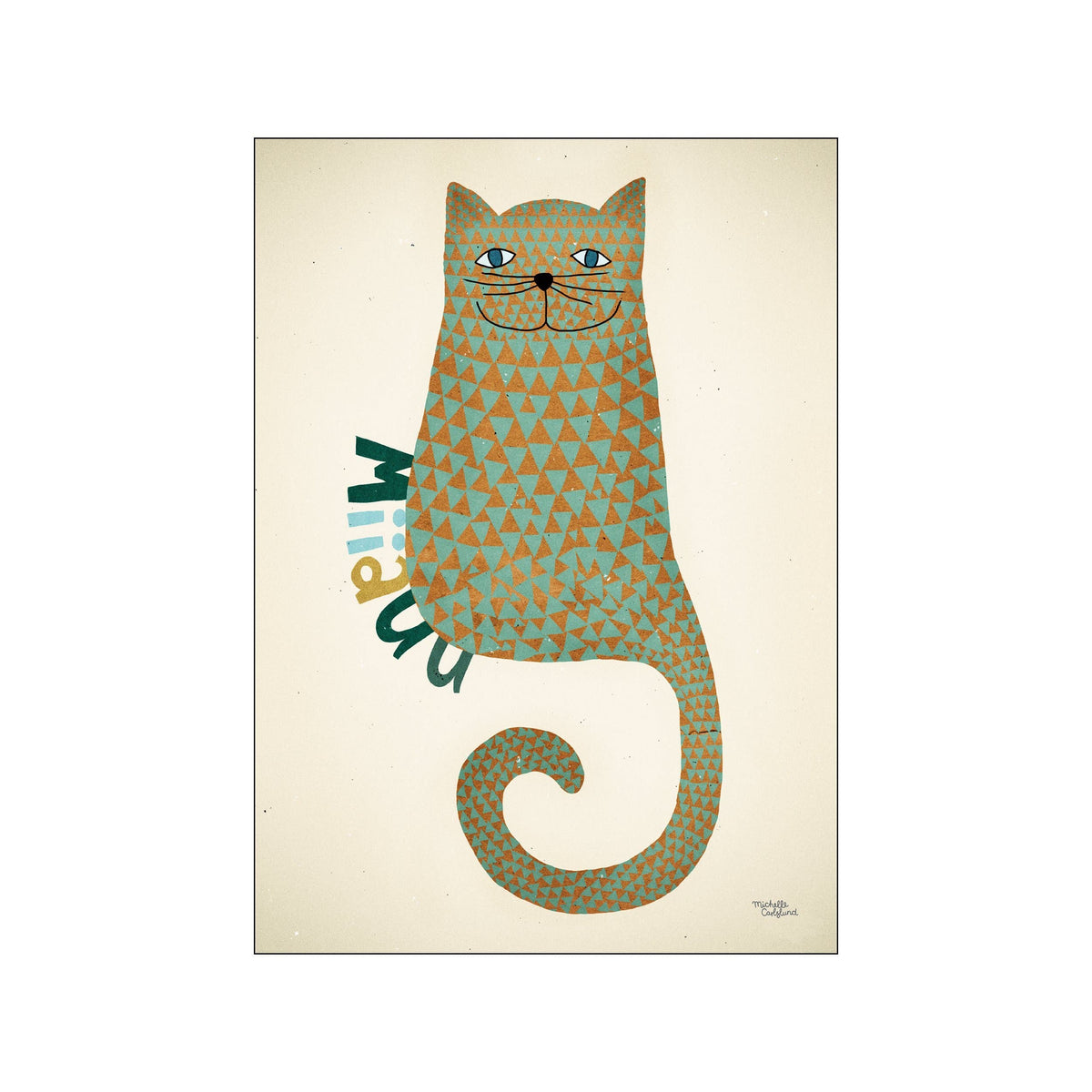 A whimsical cat portrait featuring a playful geometric pattern in teal and orange triangles against a creamy background. The cat has large, expressive eyes and its tail curls invitingly, evoking a sense of cozy delight.
