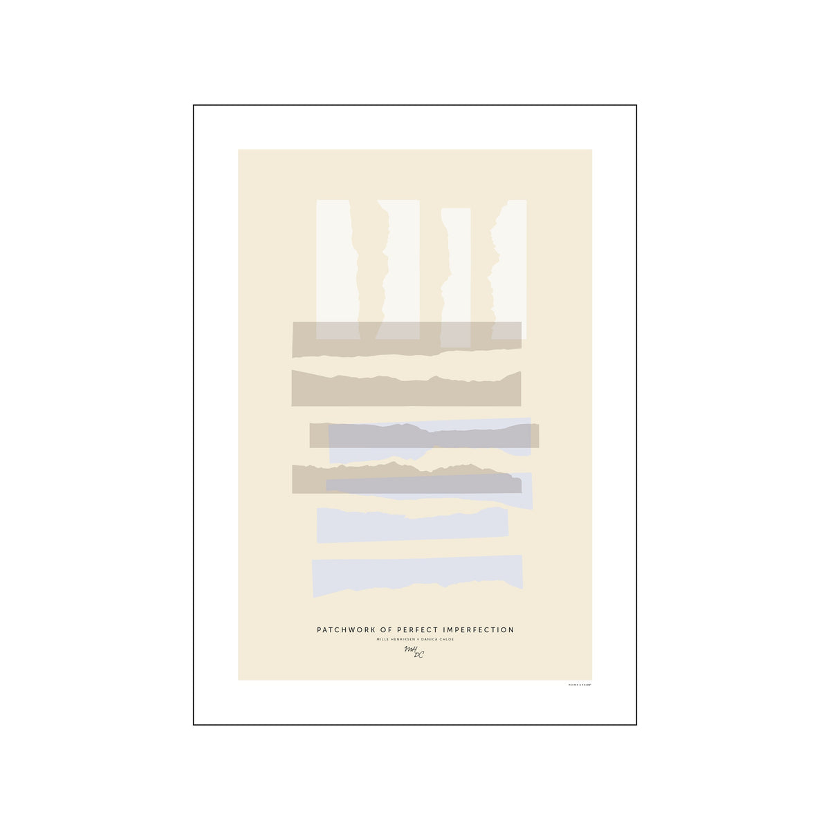 Abstract collage print with torn cream, beige, taupe, and pale blue layered bands