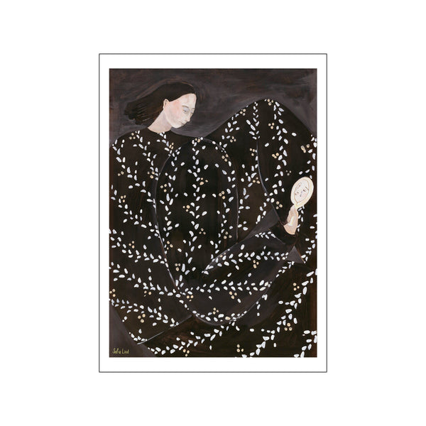 art print by Sofia Lind featuring a woman in a long black gown with white leaf patterns, holding a hand mirror against a dark background