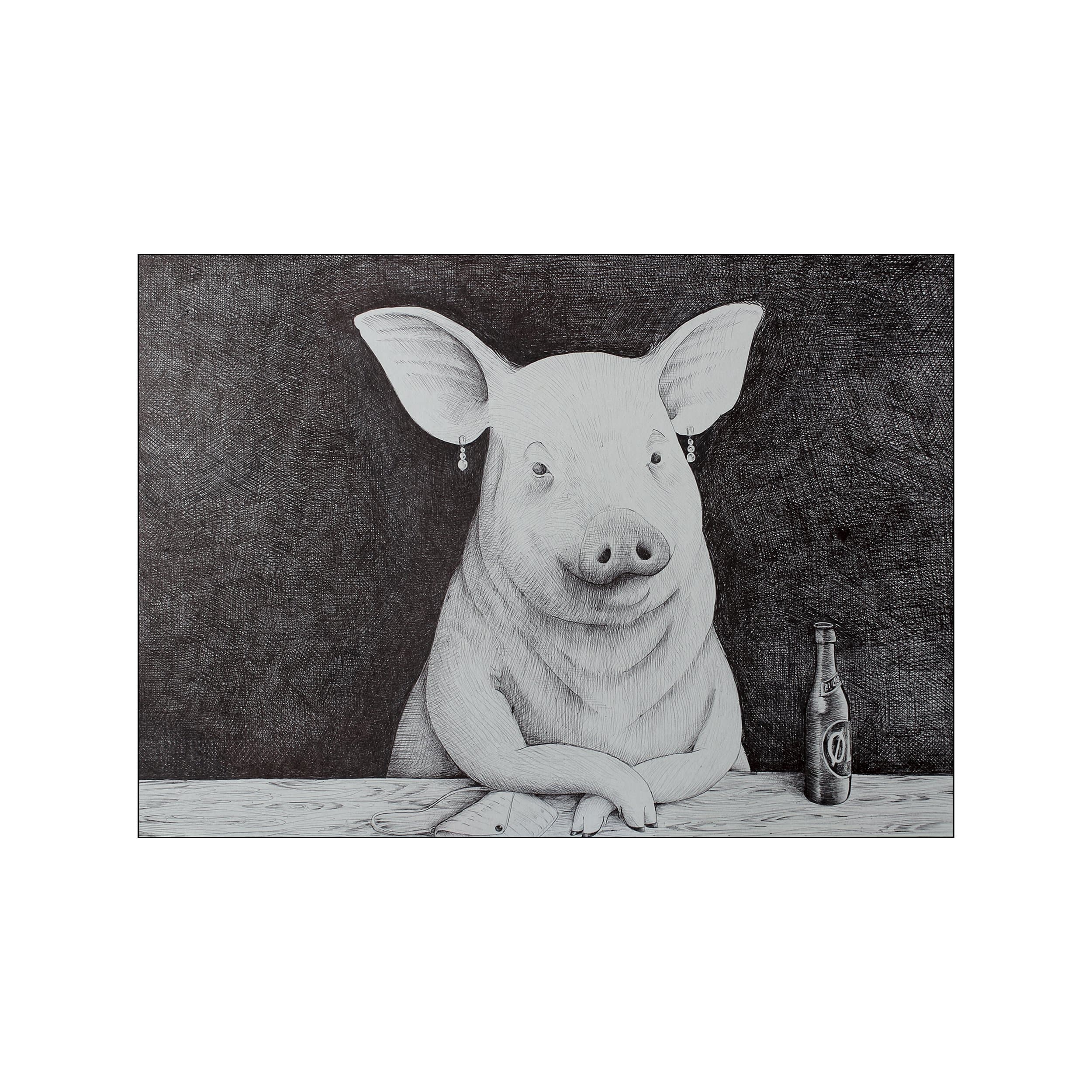 A black and white drawing of a pig wearing earrings, sitting at a wooden table with a bottle next to it. The background is textured.