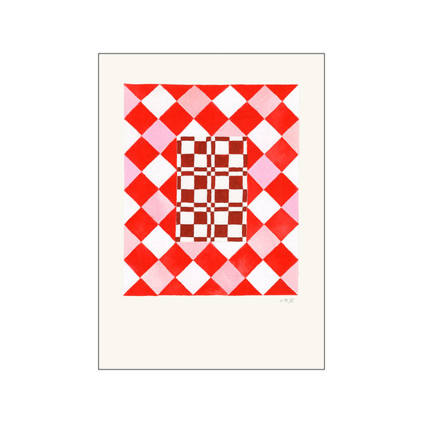 Abstract geometric artwork with interlocking diamonds in shades of red and pink, centered with a rich brown and white checkerboard pattern. Evokes a playful, graphic, and sophisticated vibe.