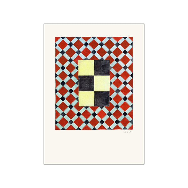 Abstract artwork featuring a repeating diamond pattern in red and light blue, with a central vertical band of alternating yellow and black squares.