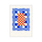 A graphic artwork featuring a central red and cream checkerboard pattern surrounded by a border of alternating blue and white squares, evoking a sense of playful order and serene luxury.