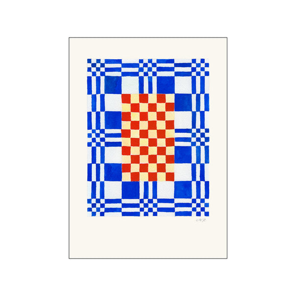 A graphic artwork featuring a central red and cream checkerboard pattern surrounded by a border of alternating blue and white squares, evoking a sense of playful order and serene luxury.