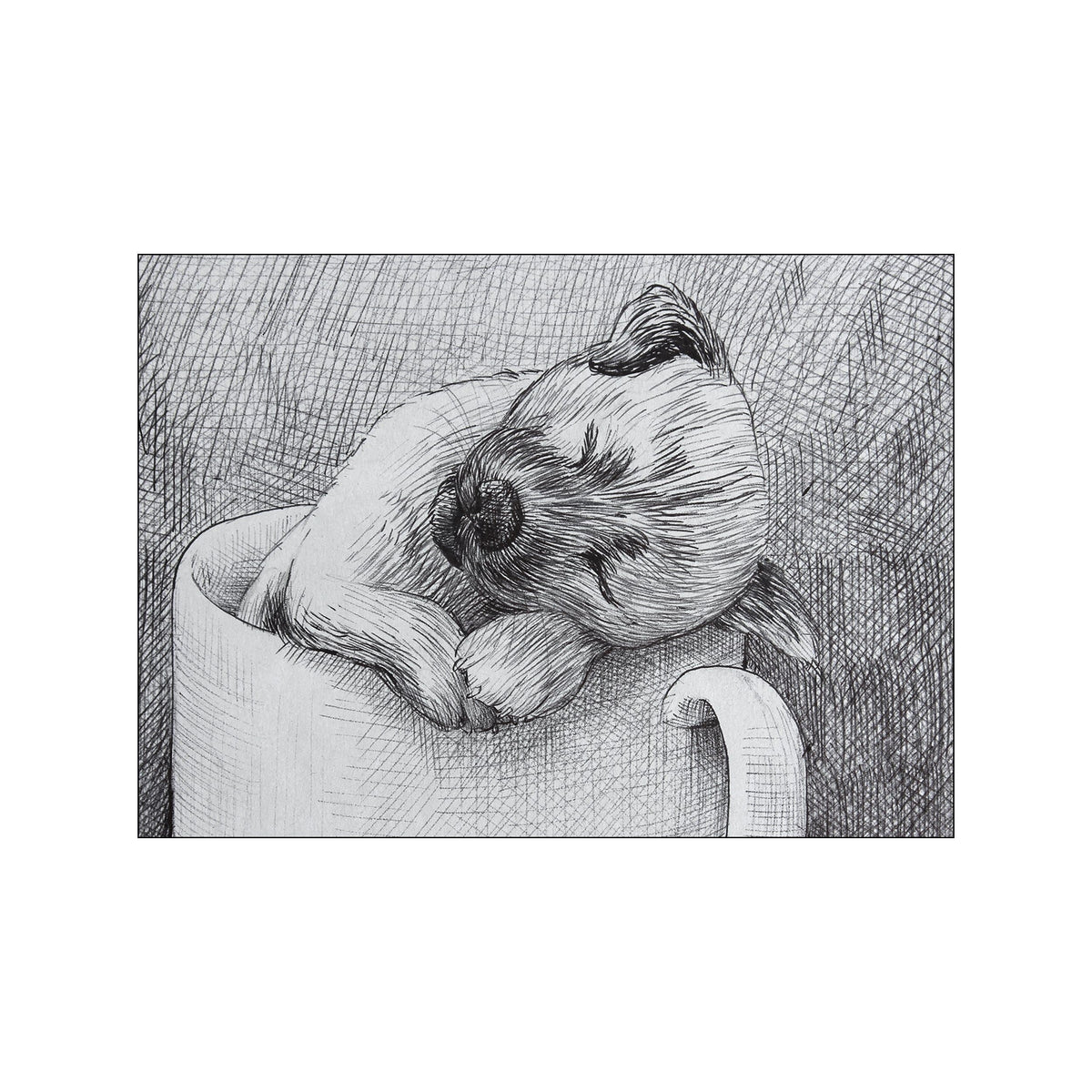 A black and white ink sketch of a small dog sleeping peacefully inside a ceramic mug, with a textured background. Evokes a vibe of comfort and simple charm.