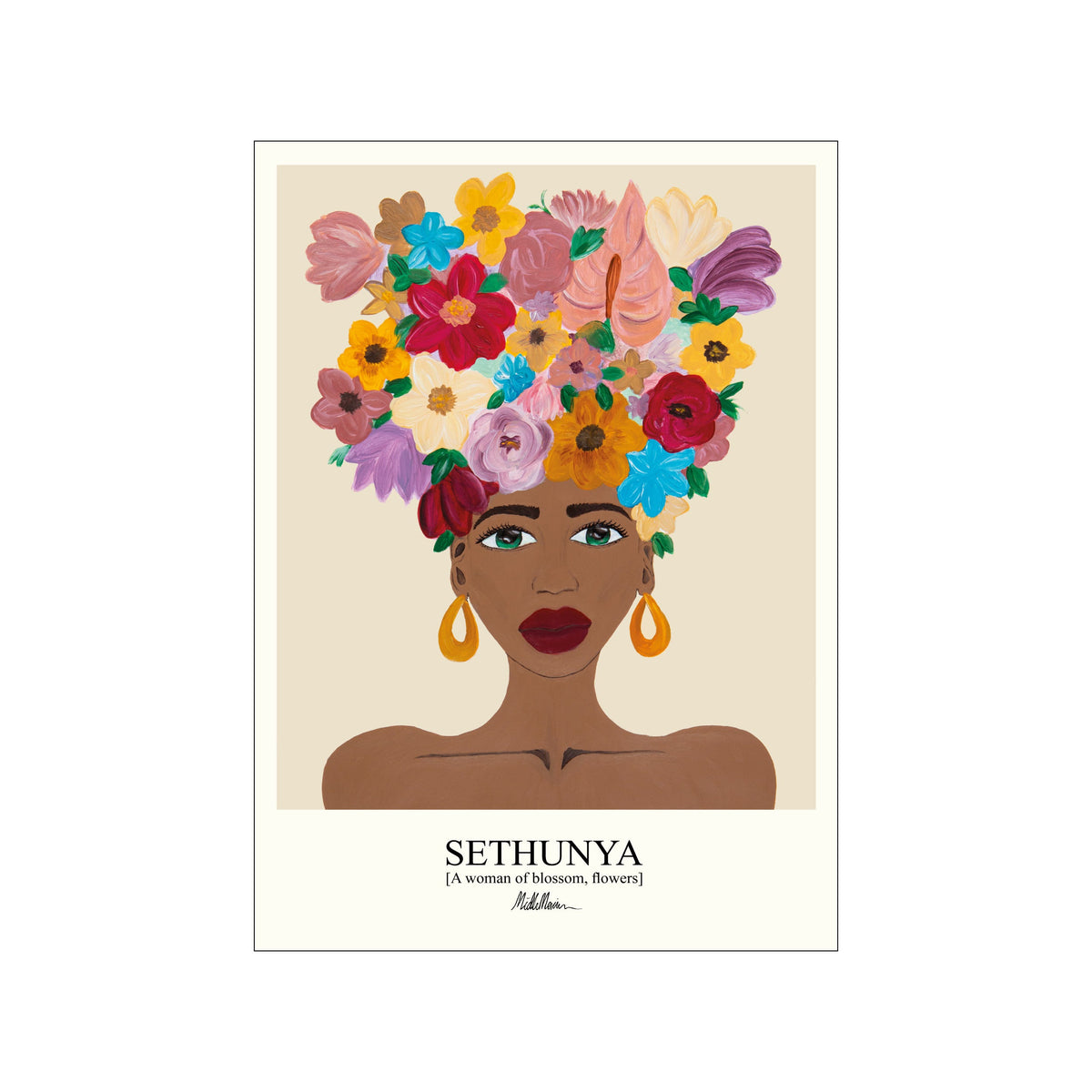 Portrait of a woman with a vivid multicolor flower crown on a warm cream background