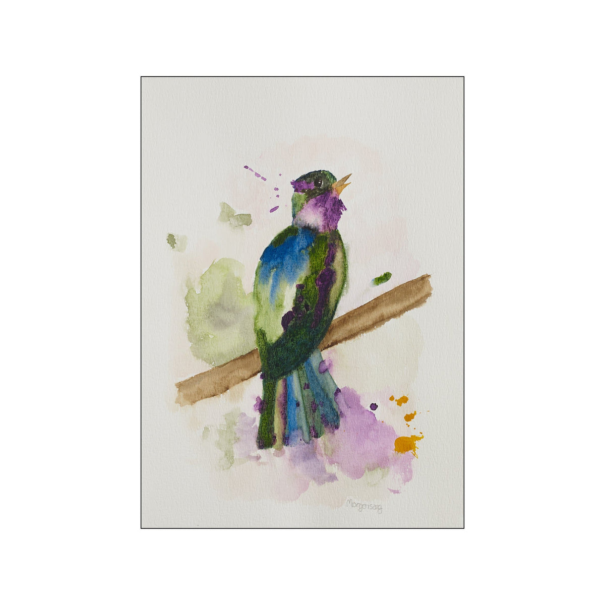 A loose watercolor painting of a small bird perched on a branch. The bird is a vibrant mix of deep greens and blues with purple accents around its head and chest. Splashes of purple and.