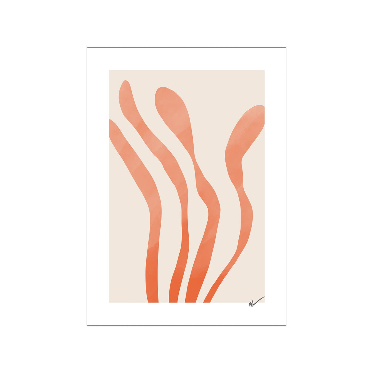 Abstract print with flowing coral organic forms on a warm cream background