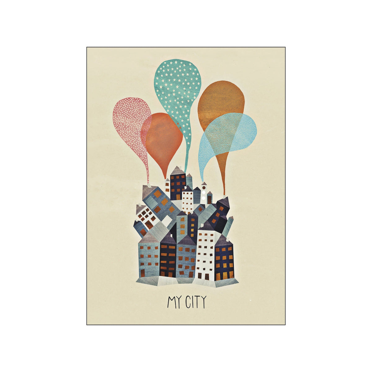 A playful artwork depicting a cluster of stylized buildings with a textured, muted palette of blues, grays, and oranges, topped by colorful, patterned balloons.