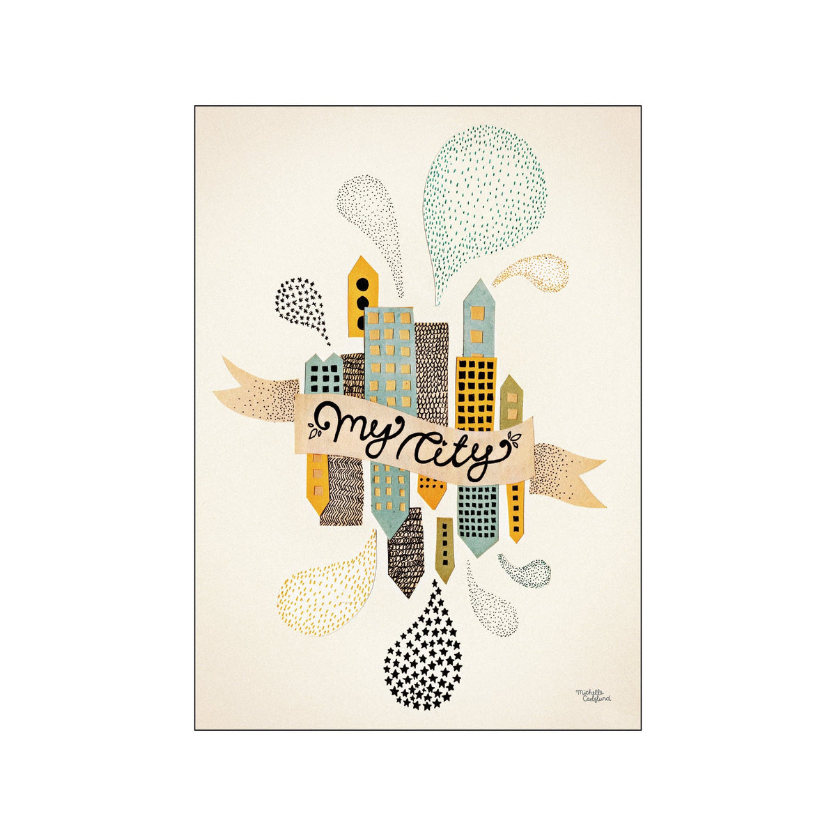 A whimsical illustration of a city skyline made of patterned and solid colored geometric shapes, with playful dots and swirls in teal and yellow around it. A banner reads "My City".
