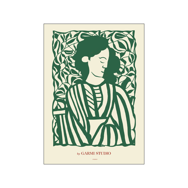 A woman's profile portrait in deep green, set against a creamy background with stylized green leaves. The artwork has a handcrafted, papercut feel, suggesting a serene and natural vibe.