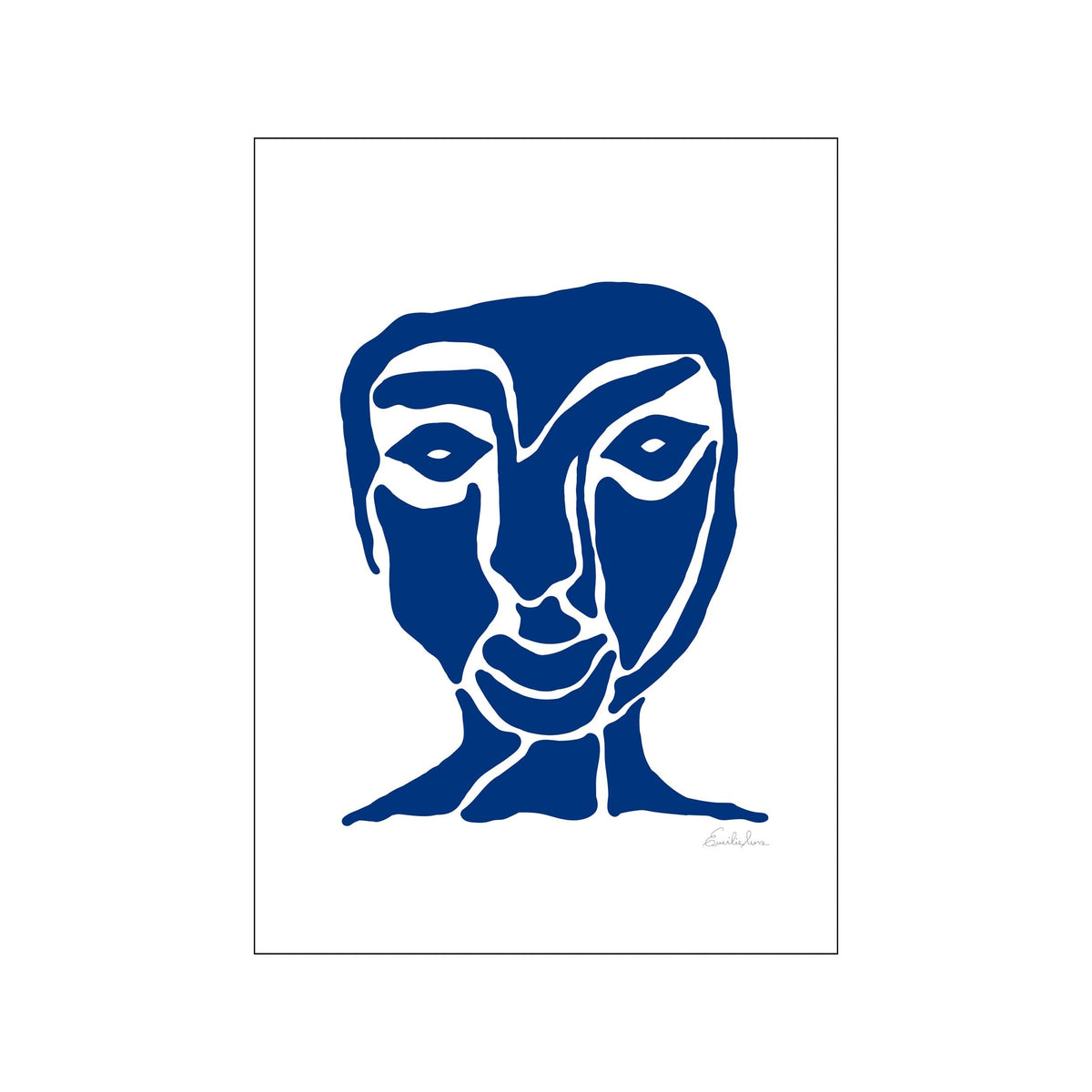 Minimal blue abstract face portrait on white background with clean graphic contours