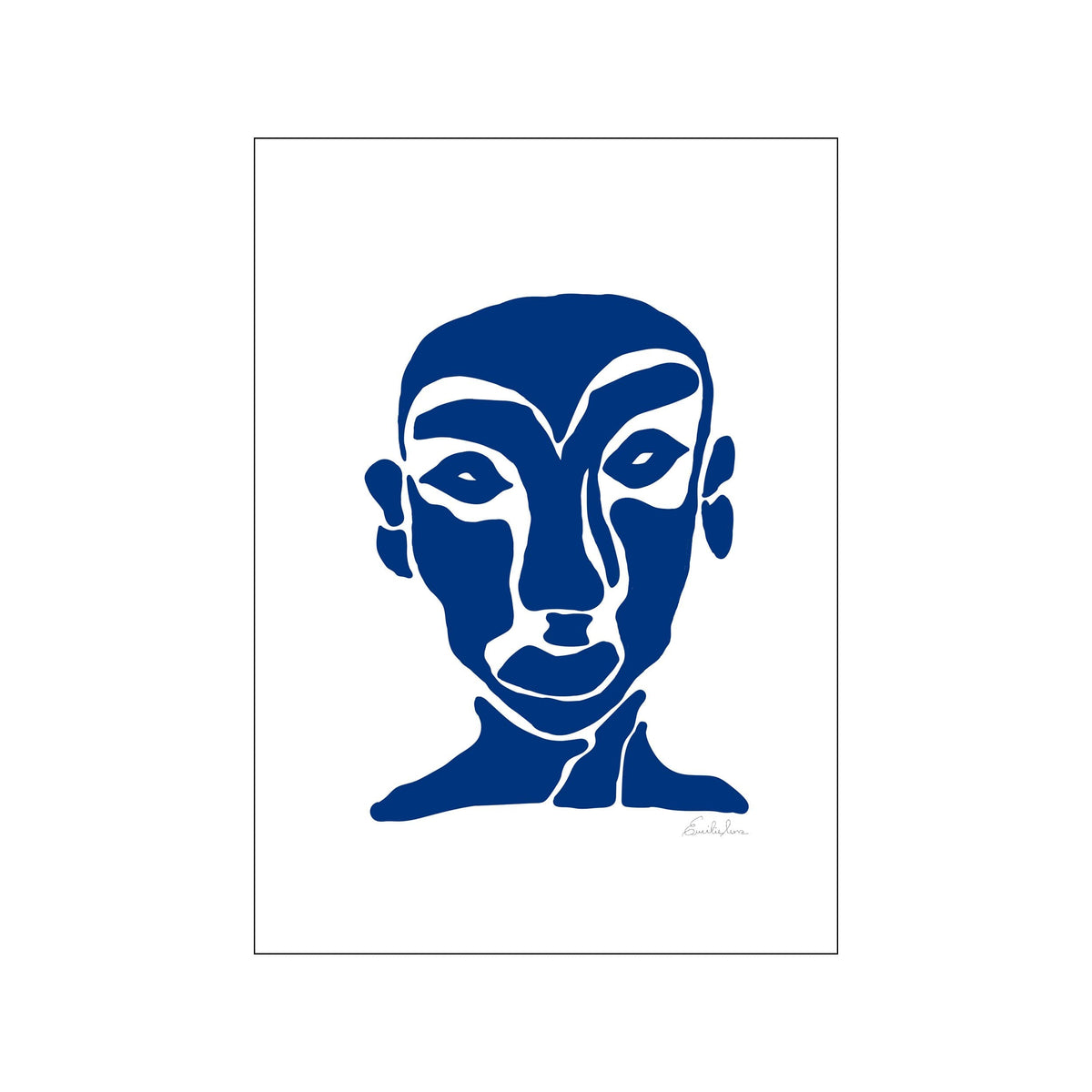 Minimal blue and white abstract face portrait with clean lines and white background
