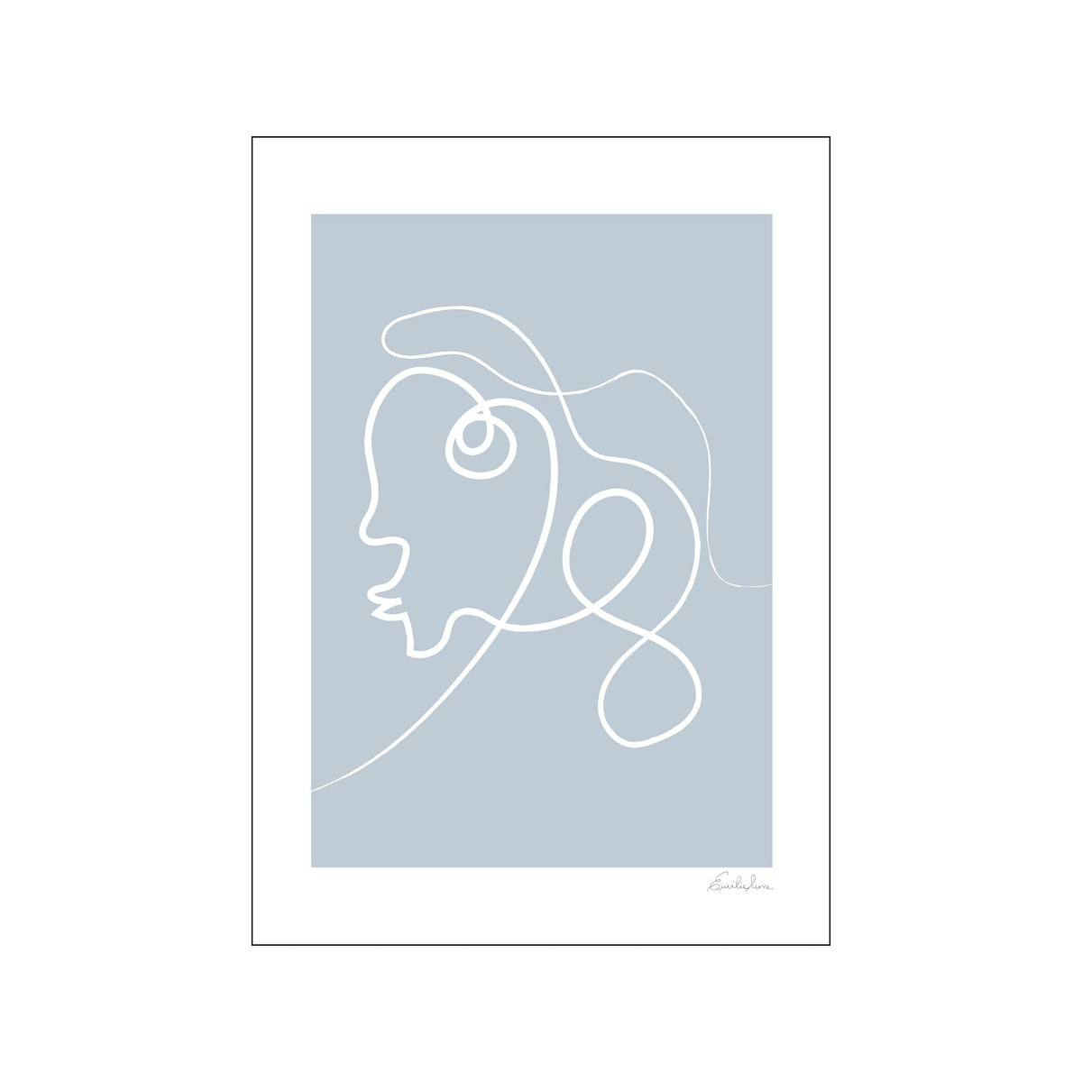 Minimal abstract line portrait in white on a soft blue rectangular field, framed in white mat