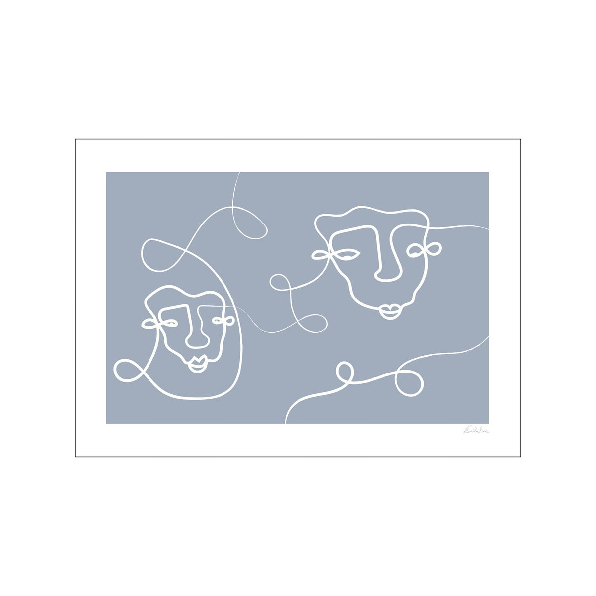 Abstract line drawing of two white faces on a muted blue-gray background