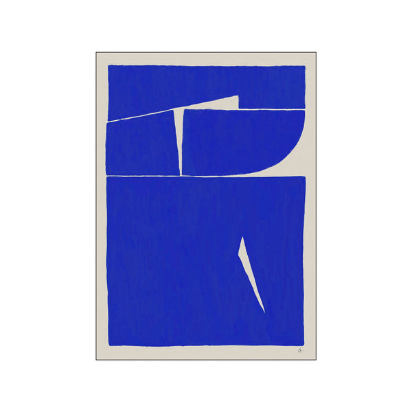 An abstract composition featuring bold blocks of deep blue geometric shapes intertwined with thin, crisp white lines against a textured, neutral background, creating a calm yet striking visual.