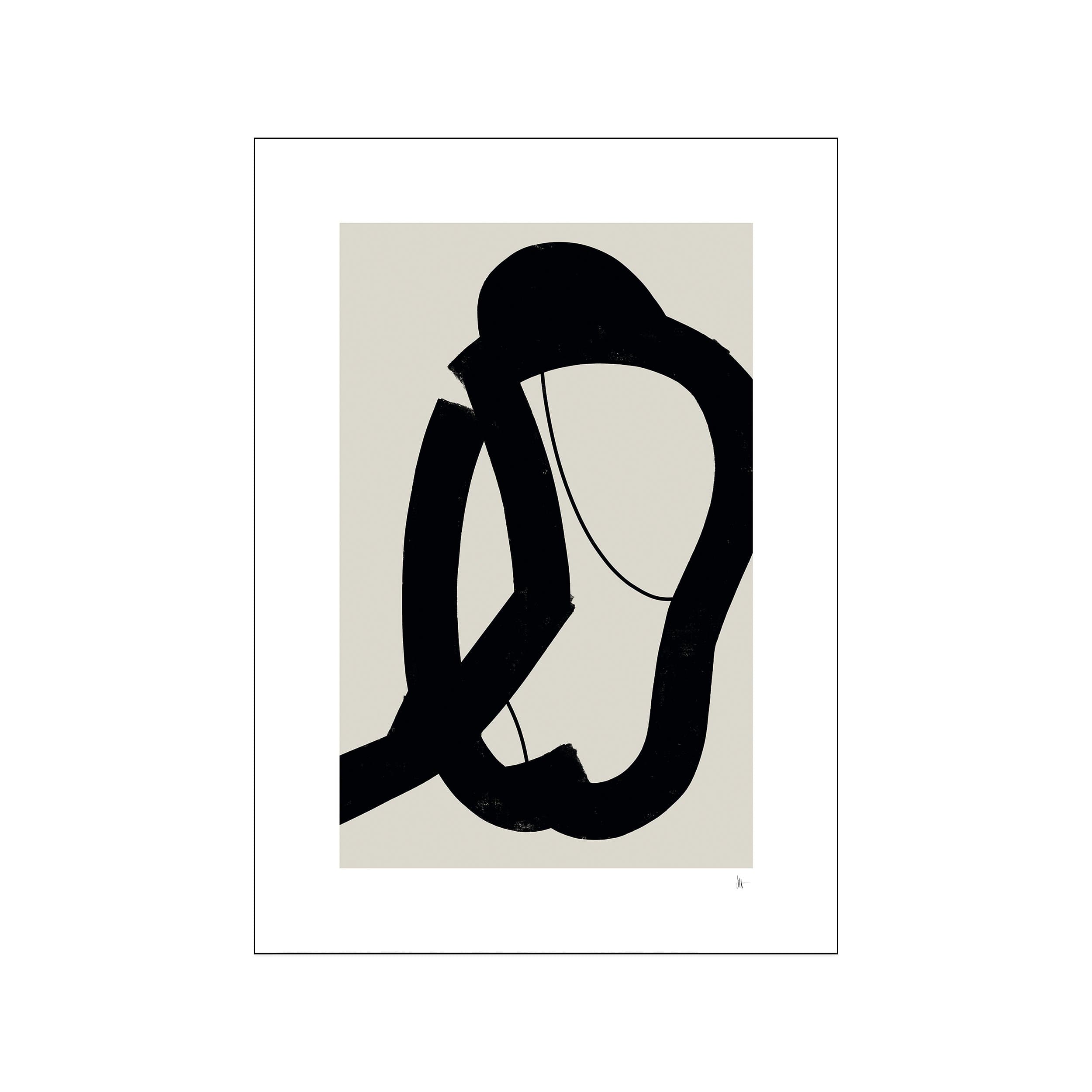 Abstract artwork featuring bold black brushstrokes forming curved and angular shapes against a muted, neutral background, evoking a sense of contemplative solitude.