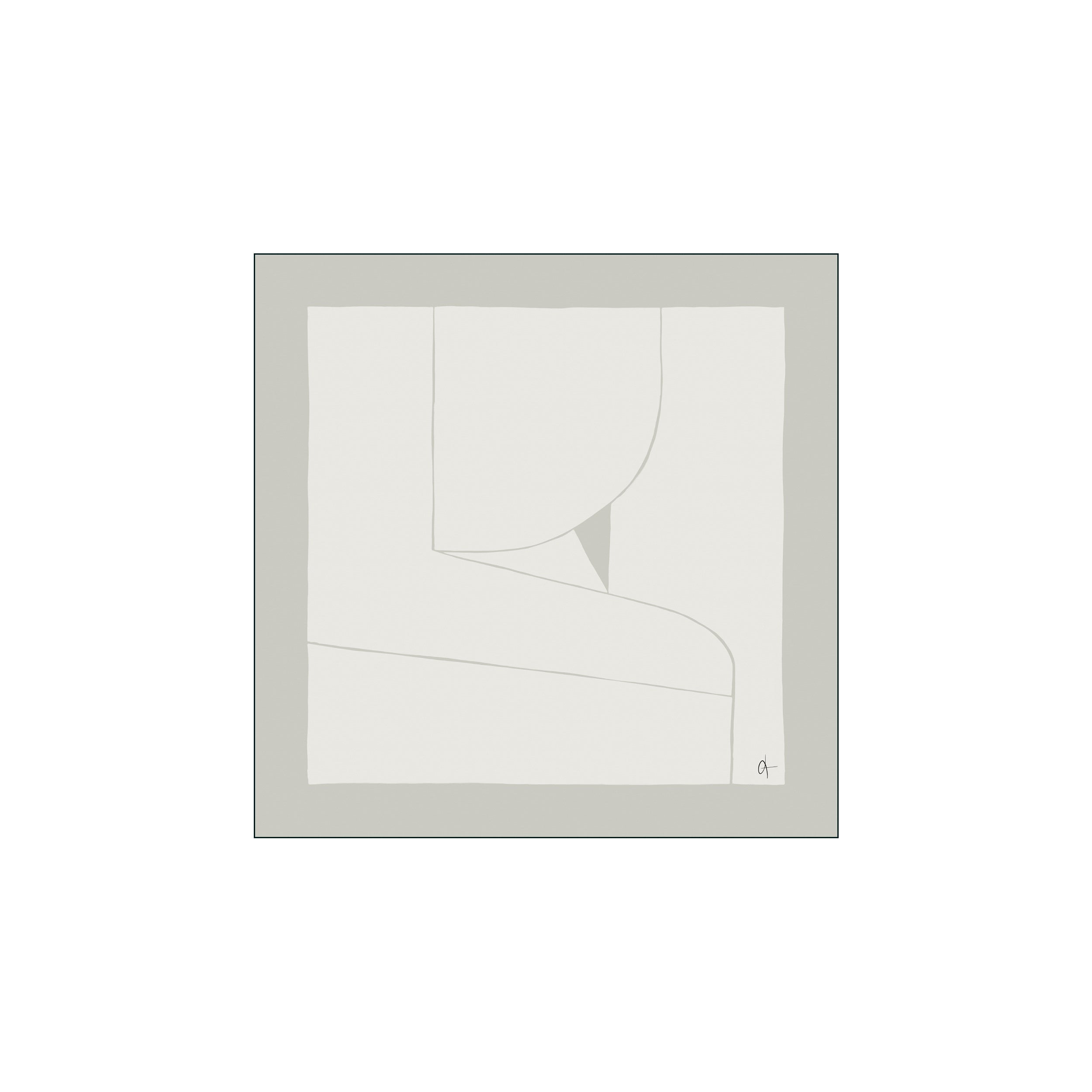 A square abstract composition in muted grey and off-white tones. Gentle, curving lines and soft geometric shapes create a sense of quiet contemplation, perfect for a modern or minimalist interior.