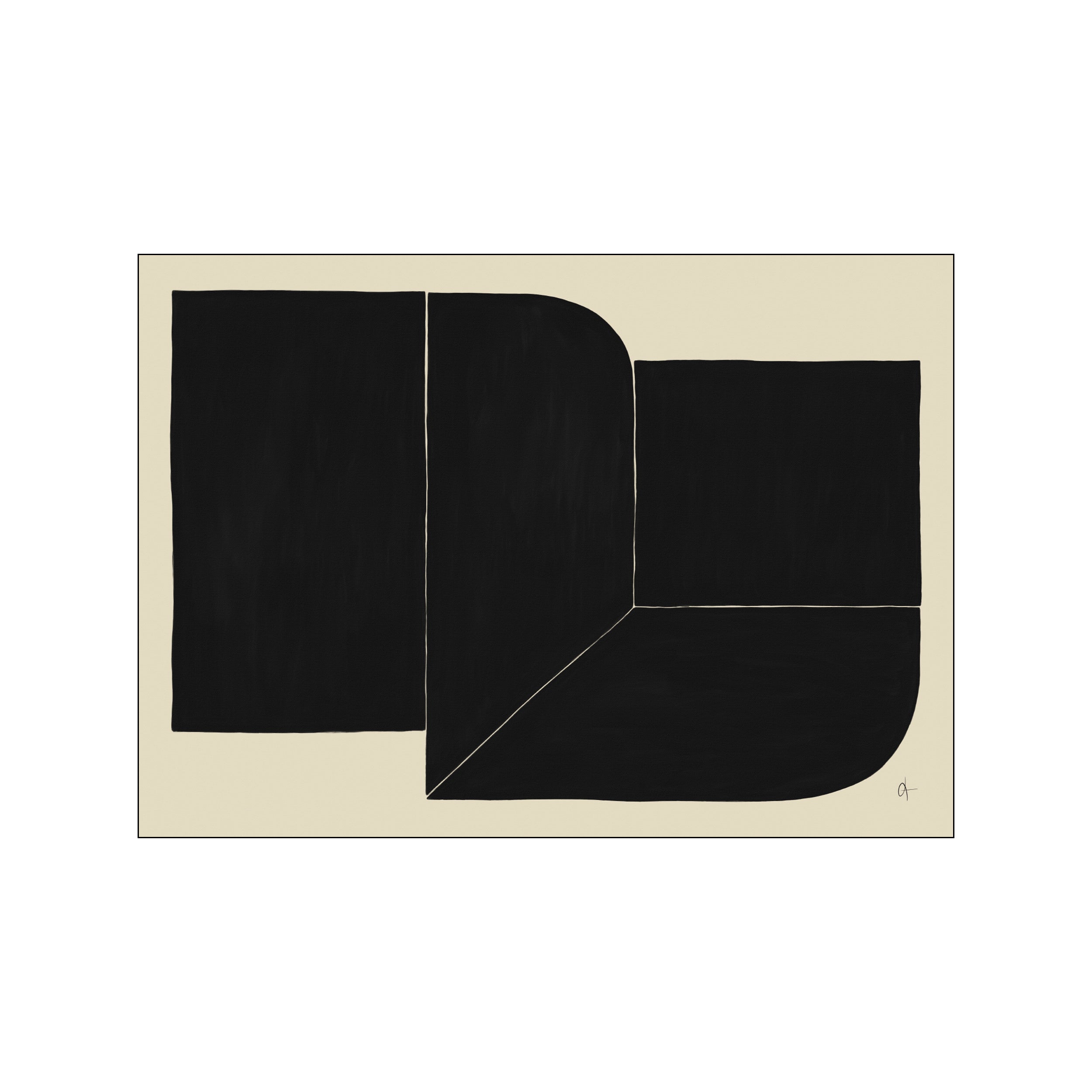 An abstract composition featuring large, rounded, and rectangular shapes in solid black set against a pale cream background. Thin white lines intersect the shapes, suggesting planes and shadows. A small, whimsical signature is present in.