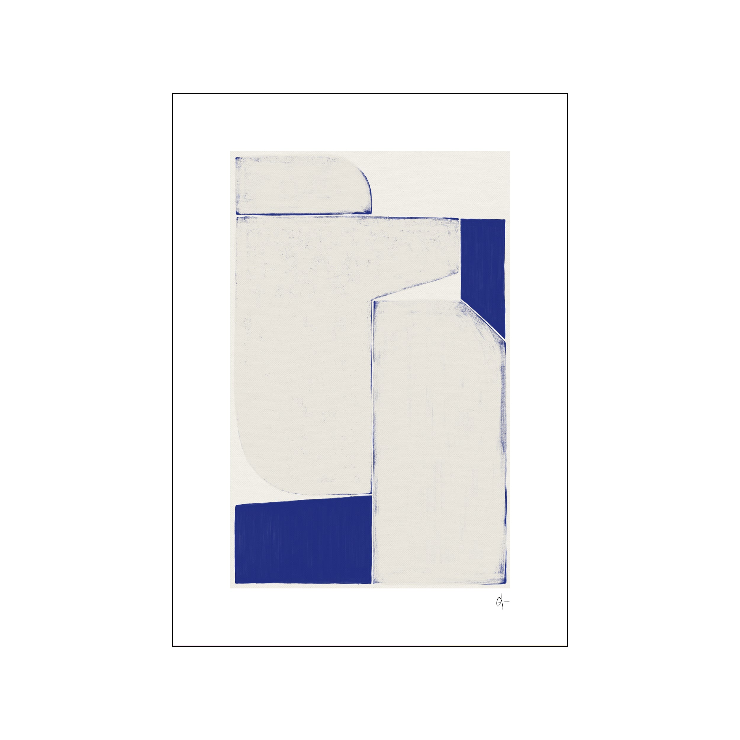 An abstract composition featuring textured cream shapes intersected by bold strokes and solid blocks of deep blue, evoking a calm, contemplative mood perfect for modern or bohemian interiors.