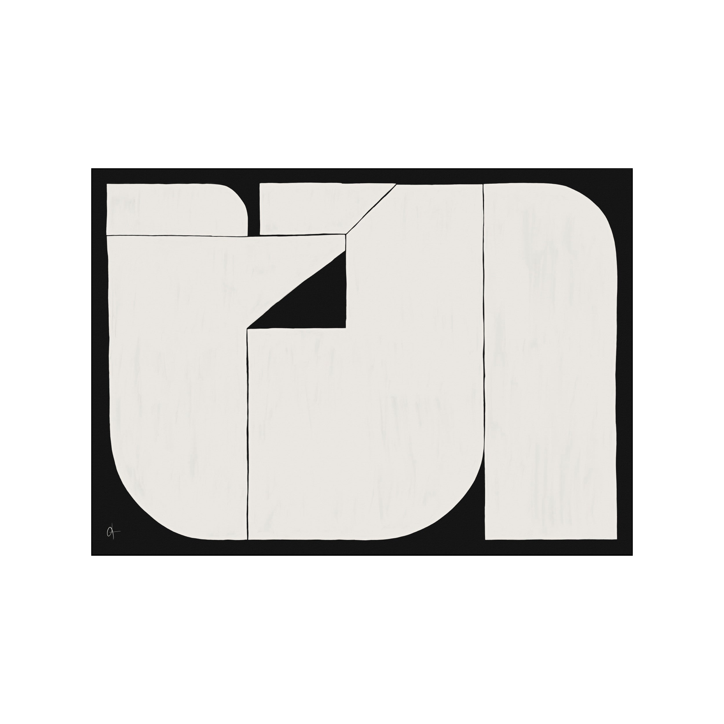 An abstract composition featuring soft, creamy rounded shapes and sharp geometric forms, delineated by thin black lines against a deep black background, creating a serene and modern visual narrative.