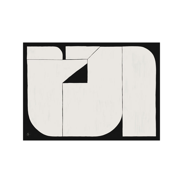 An abstract composition featuring soft, creamy rounded shapes and sharp geometric forms, delineated by thin black lines against a deep black background, creating a serene and modern visual narrative.