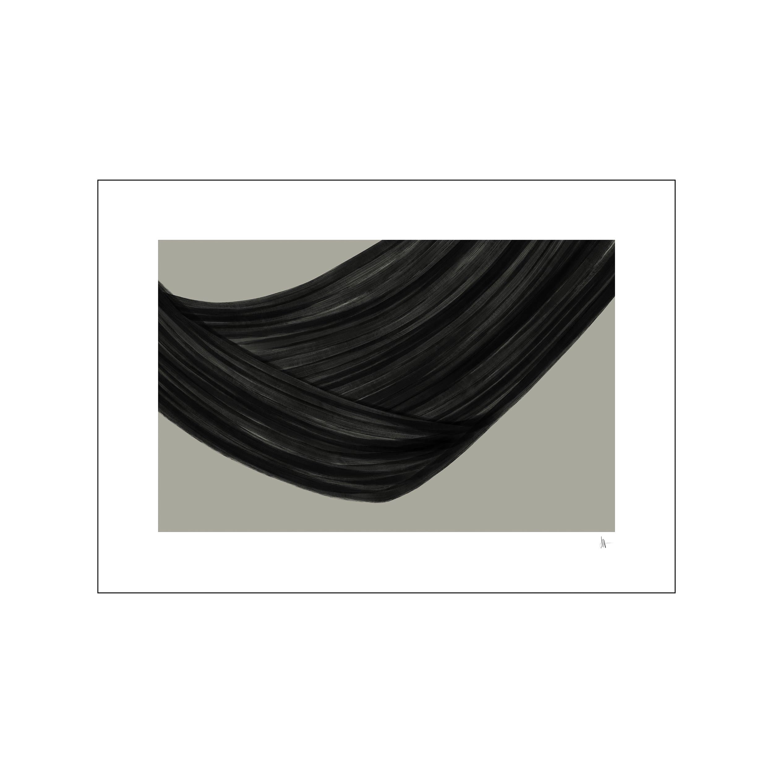 Abstract artwork featuring flowing, textured black brushstrokes against a soft greige background, suggesting a landscape or draped fabric, with a subtle artist signature.
