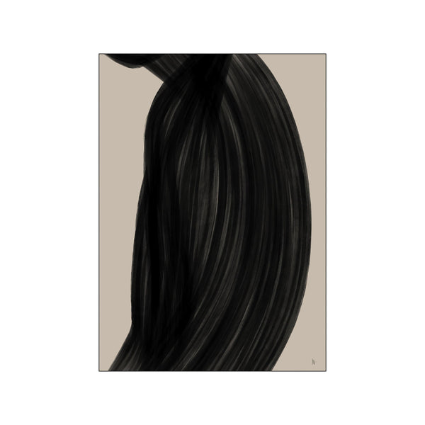Abstract artwork featuring a vertical sweep of textured black brushstrokes against a soft beige background, suggesting a graceful, draped form or portrait.