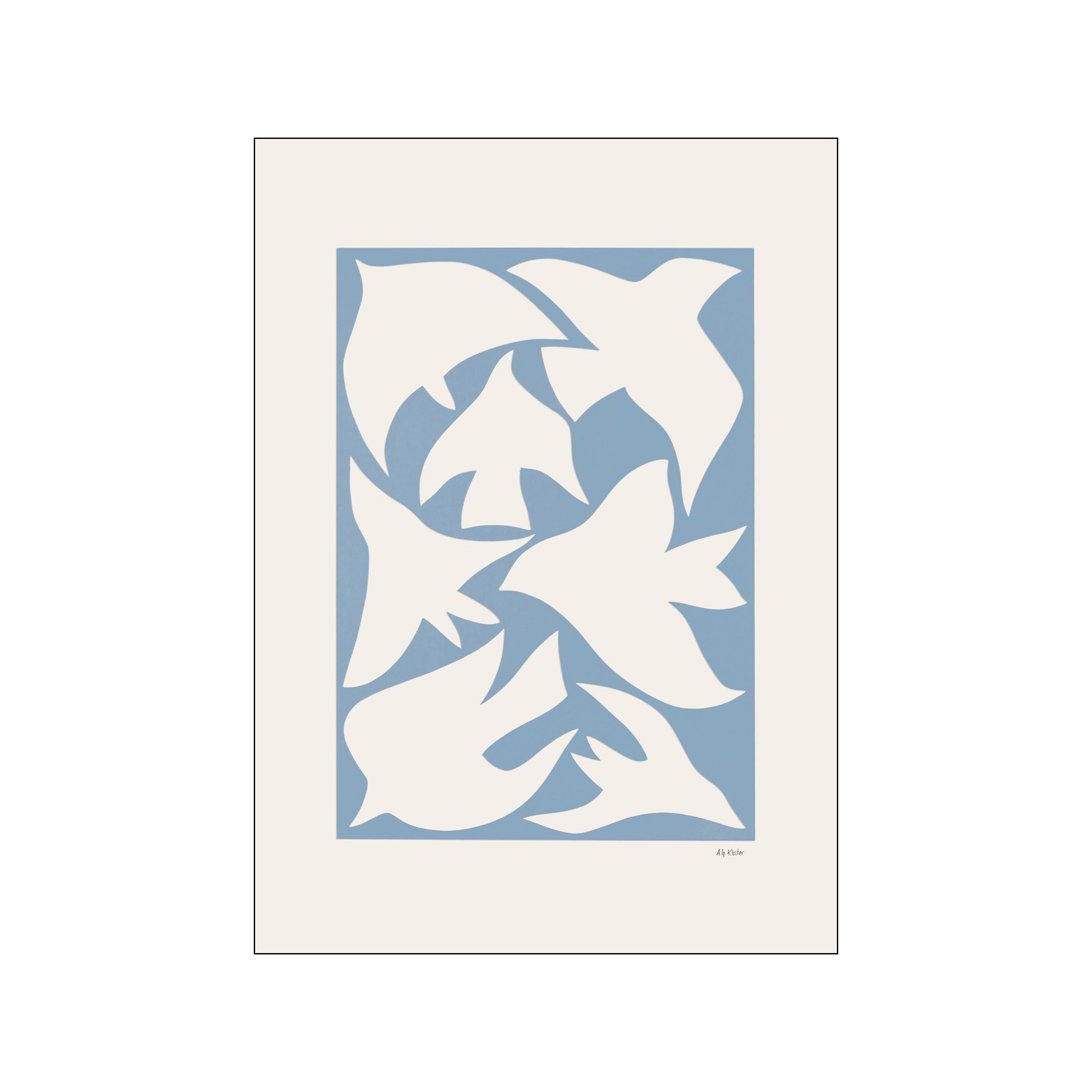 Abstract papercut birds in cream on a soft blue background with a clean border