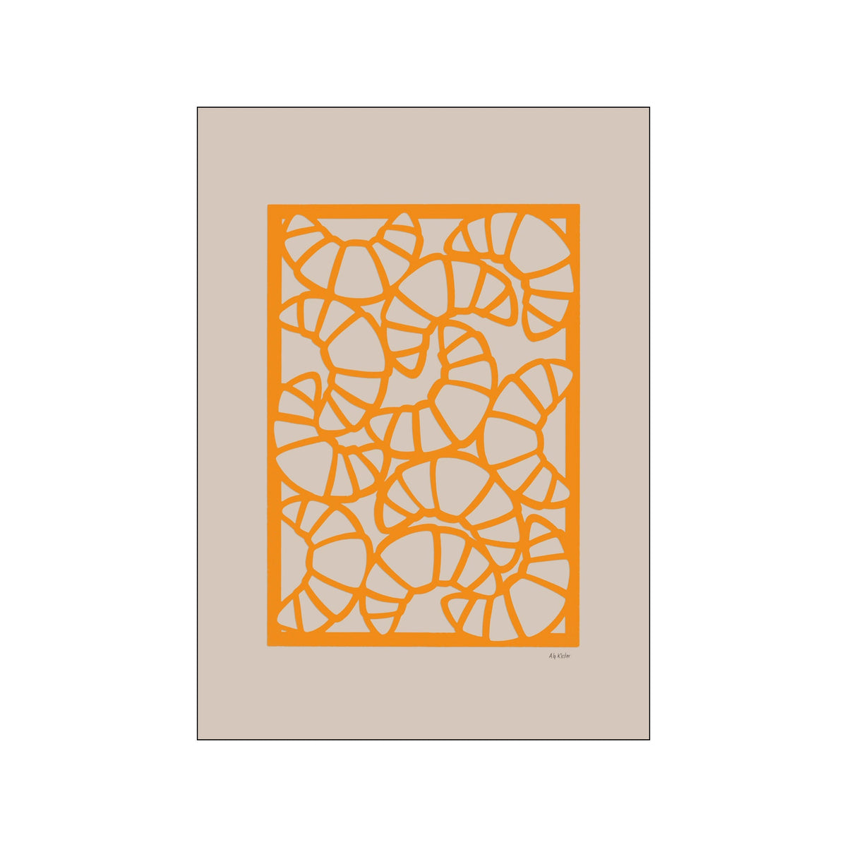 Orange geometric croissant pattern on a soft neutral background with a framed poster layout