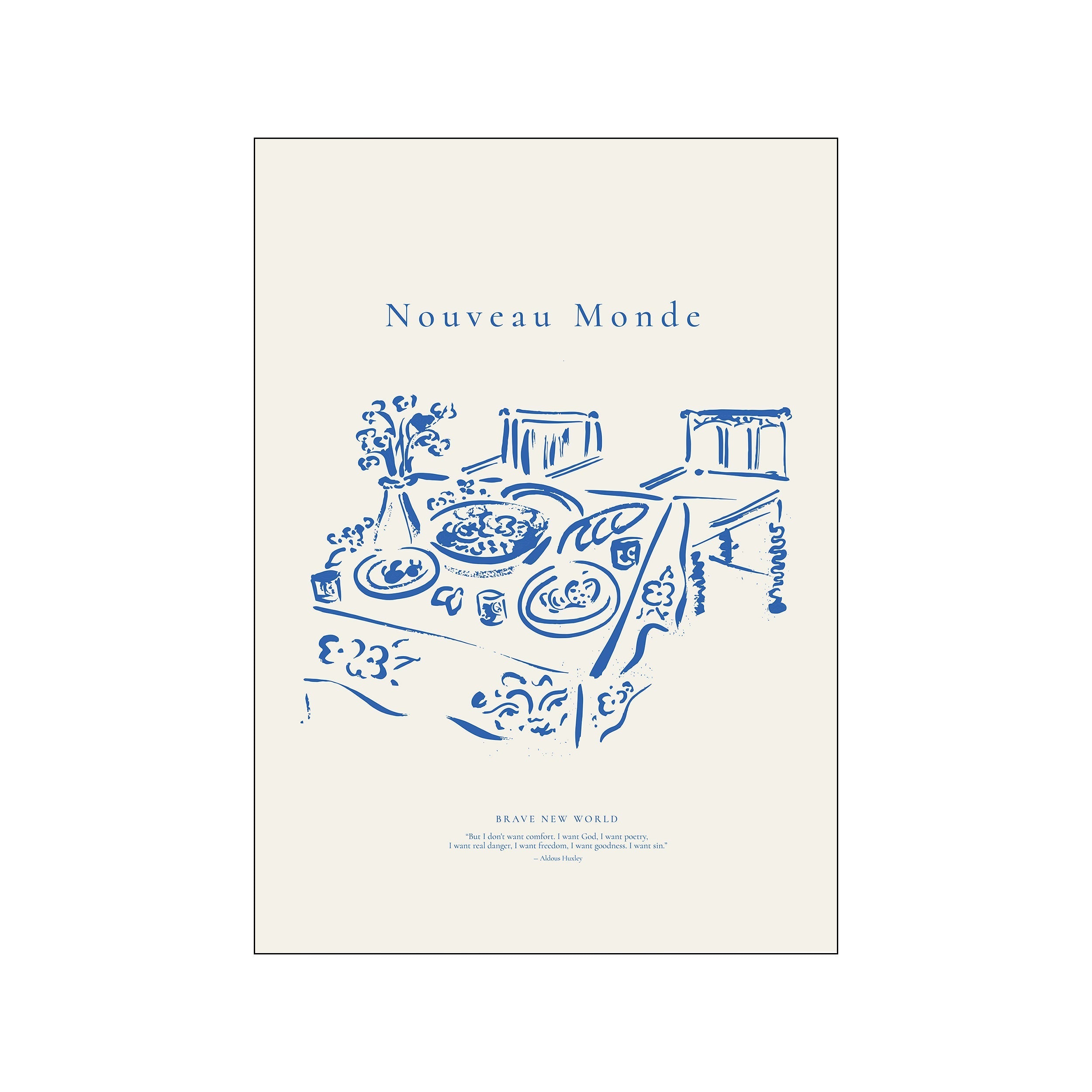 A sketch in bold blue ink on a cream background depicts a table setting with a vase of flowers, plates, and chairs, evoking a serene and artistic atmosphere.