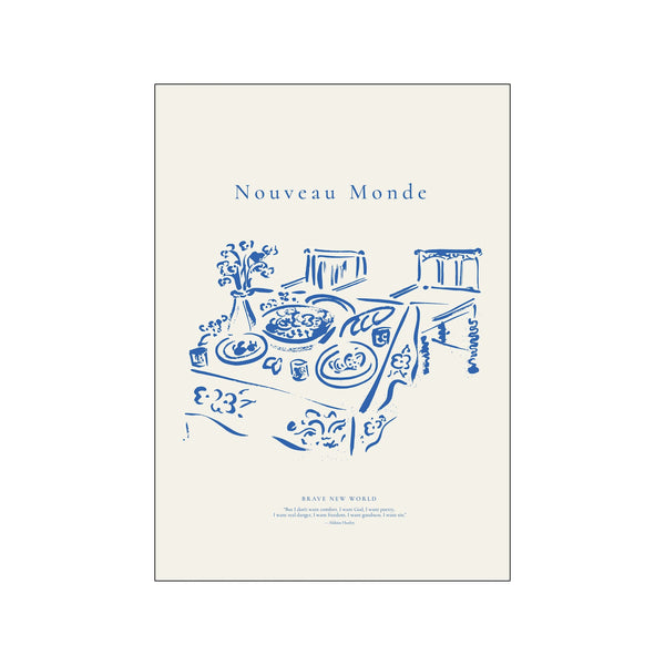 A sketch in bold blue ink on a cream background depicts a table setting with a vase of flowers, plates, and chairs, evoking a serene and artistic atmosphere.