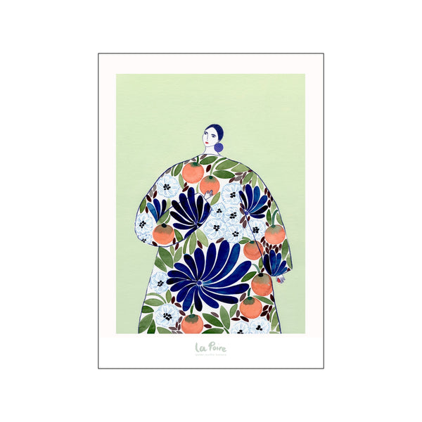 A watercolor illustration of a figure wearing a large, oversized coat adorned with an abstract pattern of vibrant orange fruits, deep blue flowers, and green leaves, set against a pale green background.