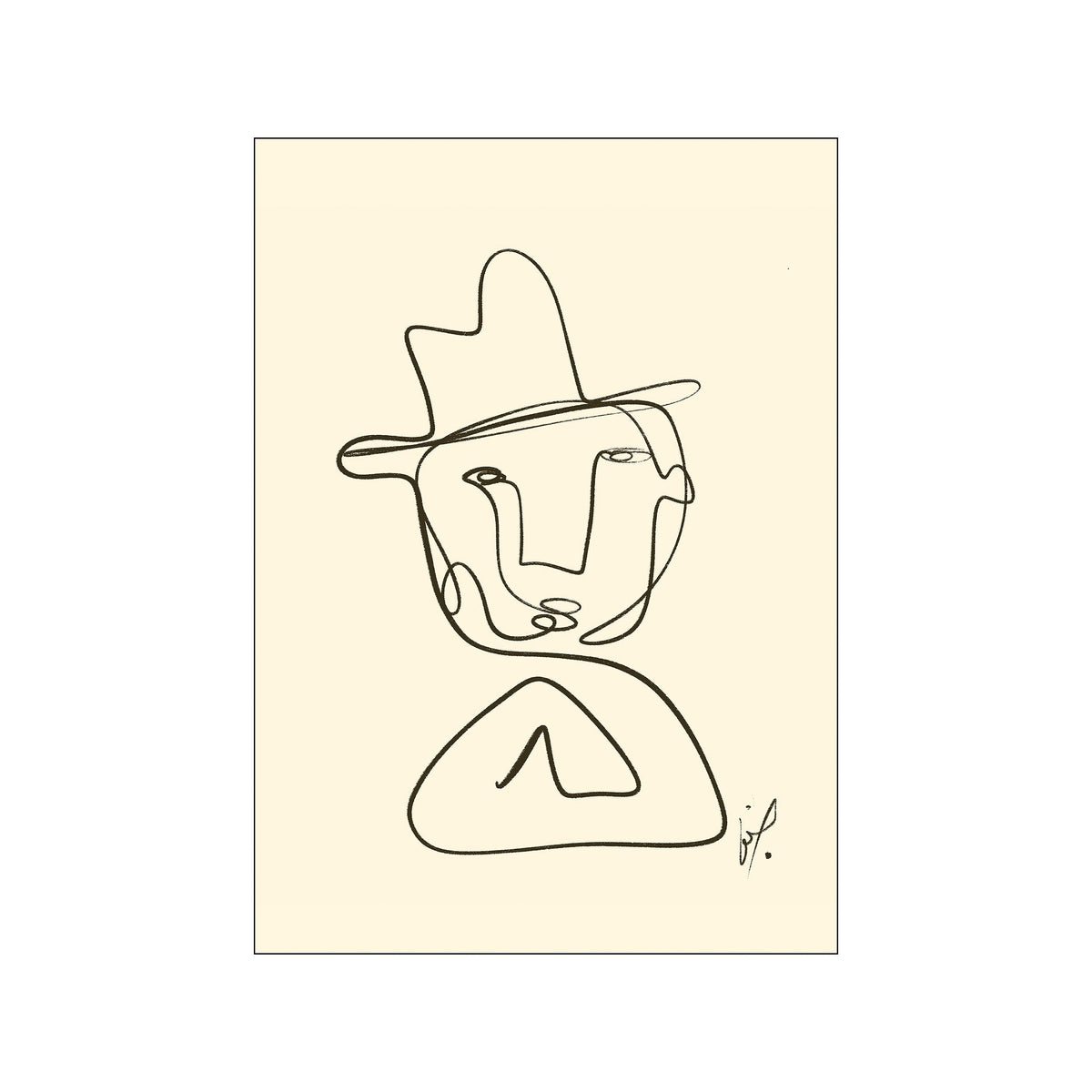 Minimal abstract portrait line drawing in black on cream with a hat-like silhouette