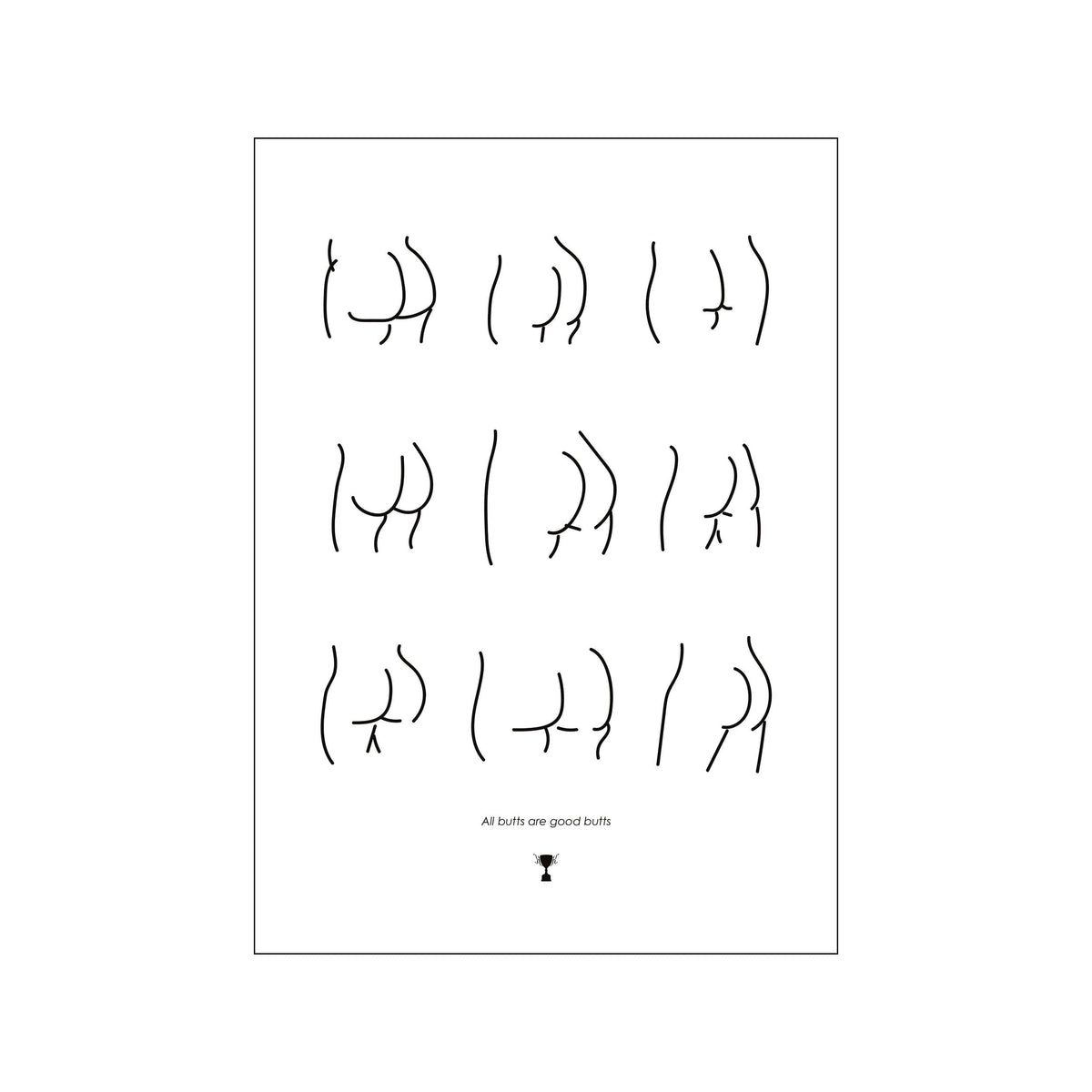 Minimal black line drawings of buttocks arranged in a clean white grid poster